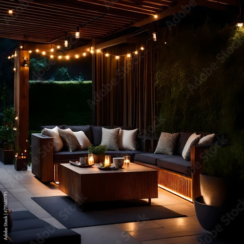 A charming outdoor patio with comfortable seating, greenery, and ambient lighting, providing a perfect extension of the modern mid-range family's living space photo