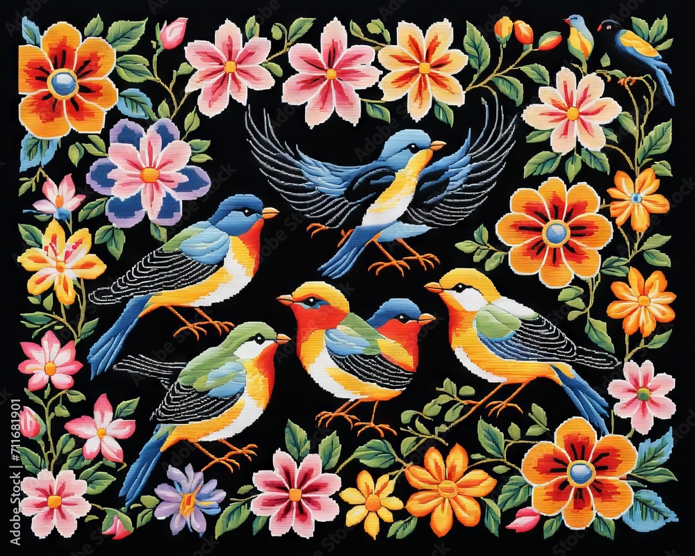 Embroidered Birds and Flowers on Black Fabric