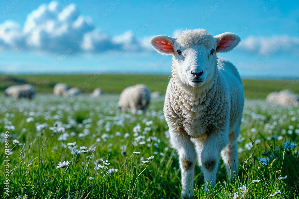 Fototapeta premium AI generated illustration of a sheep standing in a lush green field of grass