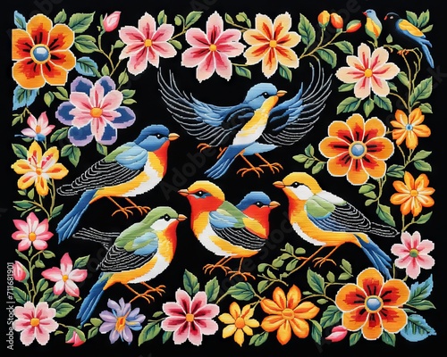 Embroidered Birds and Flowers on Black Fabric