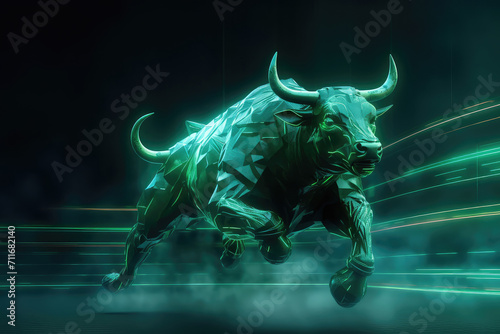 Metallic green bull or bullish with market trend in crypto currency or stocks. Trade exchange background  up arrow graph for increase in rates.3d render illustration.