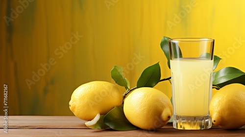 Lemon juice in glass on wooden table, soft yellow background, spacious text placement on the right.