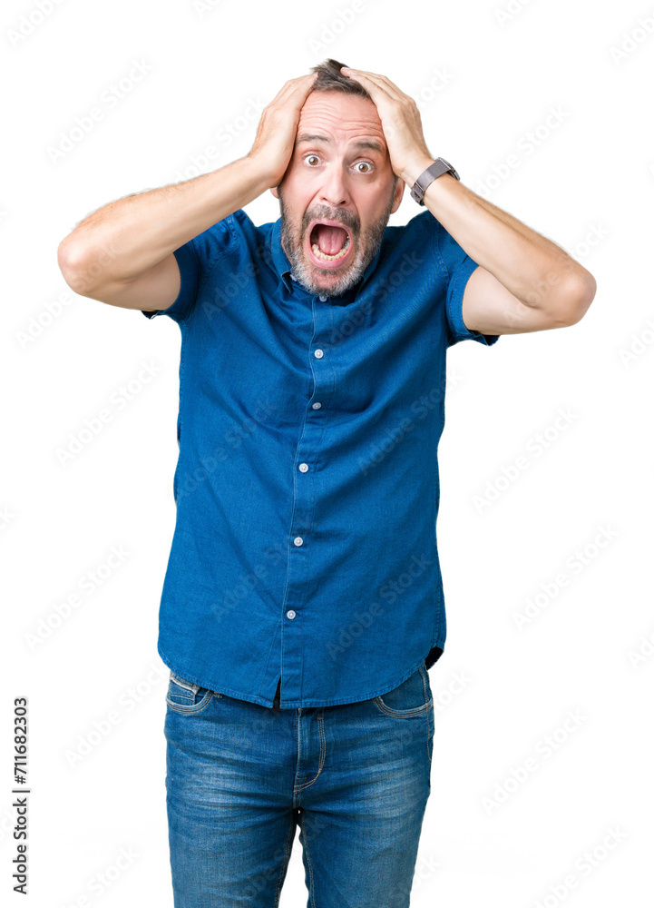 Handsome middle age elegant senior man over isolated background Crazy and scared with hands on head, afraid and surprised of shock with open mouth Handsome middle age elegant senior man over isolated background Crazy and scared with hands on head, afraid and surprised of shock with open mouth
