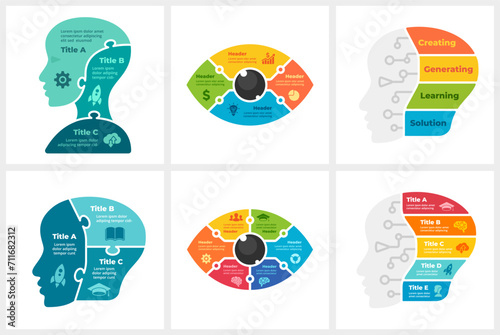 Artificial Intelligence Infographic. Puzzle Vector Cyborg Head Illustration. AI 3, 4, 5, 6 Steps Parts Options. Human Robot Face. Digital Eye Sight. Deep Machine Learn. Computer Brain. Neural Network