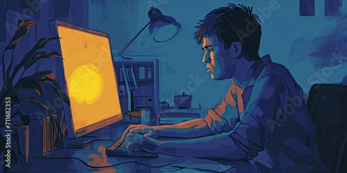 Muted Risograph Illustration of a Man looking at his Computer Screen in Yellow and Greyish Colors created with Generative AI Technology