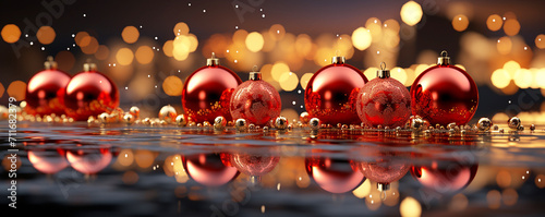 Shimmering red Christmas baubles and glittering beads beautifully reflected on a glossy surface  with golden bokeh lights creating a festive mood  Festive Christmas Ornaments Reflection