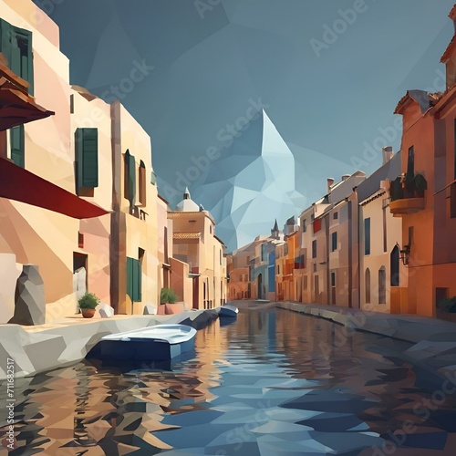Print op canvas AI generated illustration of a canal, boat, and buildings in the scenic view