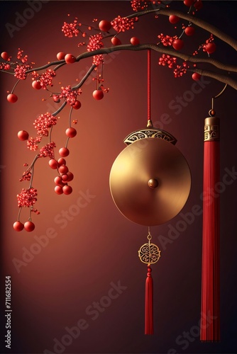 Red decorated Chinese lantern and branches with colorful buds. Chinese New Year celebrations.