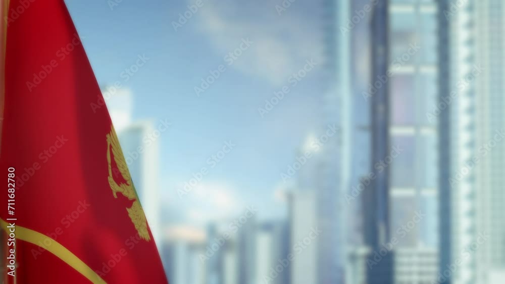 hanging Montenegro flag on city bg with blue sky
