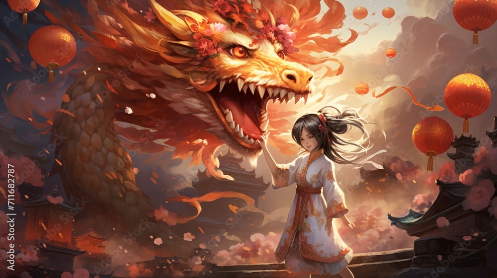 Illustration of a girl in traditional Chinese costume, or having a big dragon Lanterns around by the tooth. Chinese New Year celebrations.
