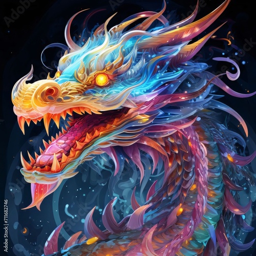 Colorful diamond crystal dragon on dark background. Chinese New Year celebrations.