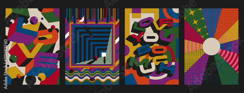 LOVE 3D lettering, Abstract Backgrounds Poster Templates, 1970s - 1980s Colors, Geometric Shapes 