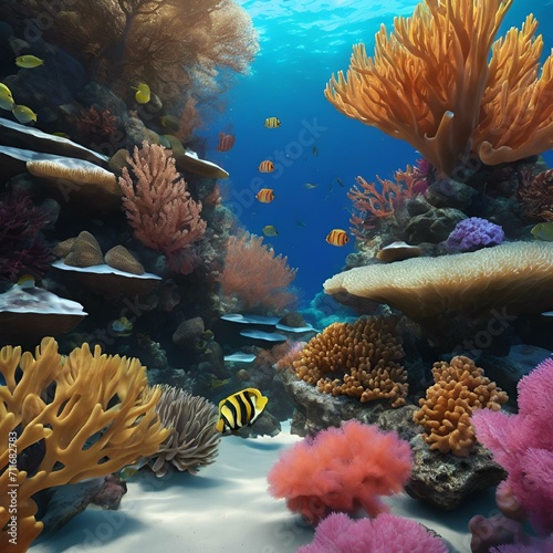 AI generated illustration of underwater scene showcasing vibrant coral and diverse marine life