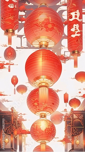 Illustration of red colored Chinese lanterns with inscriptions on white background. Chinese New Year celebrations.