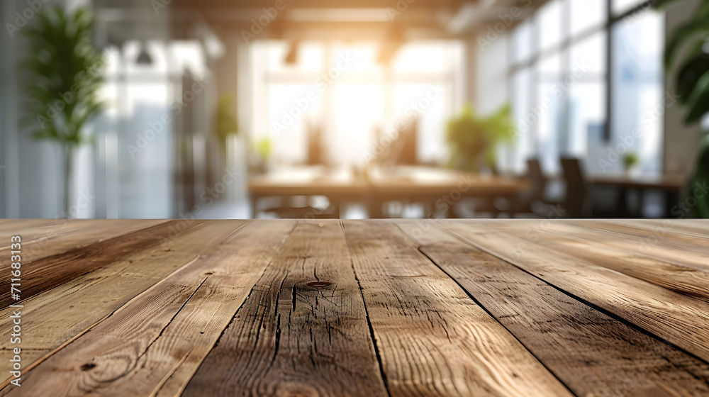 Light wooden table with blurred office scene on background, products presentation concept Light wooden table with blurred office scene on background, products presentation concept
