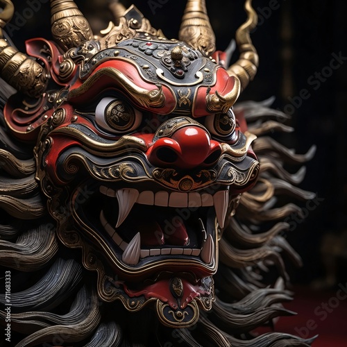 Image of the head of a great dragon departing horns. Chinese New Year celebrations.