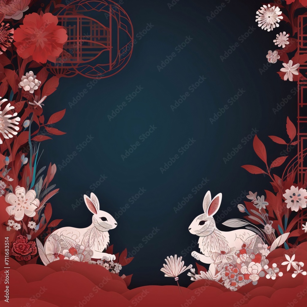 Dark card with rabbits and cherry blossoms. Banner with space for your own content. Blank space for the inscription. Chinese New Year celebrations.