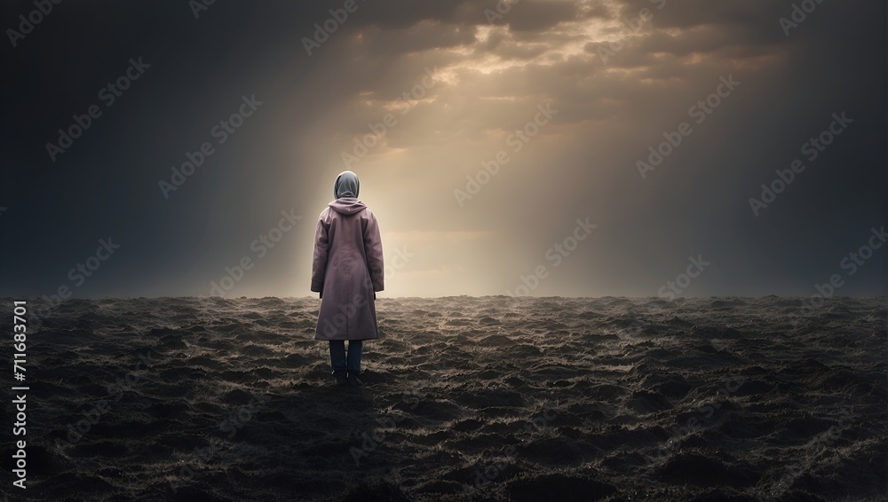 Illustration of a woman standing strong in a lonely place. a symbol of strength on World Cancer Day.
