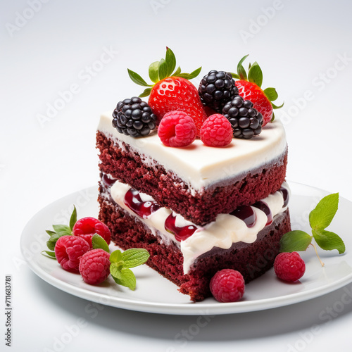 Delicious homemade red velvet cake with fresh berries, AI Generative.