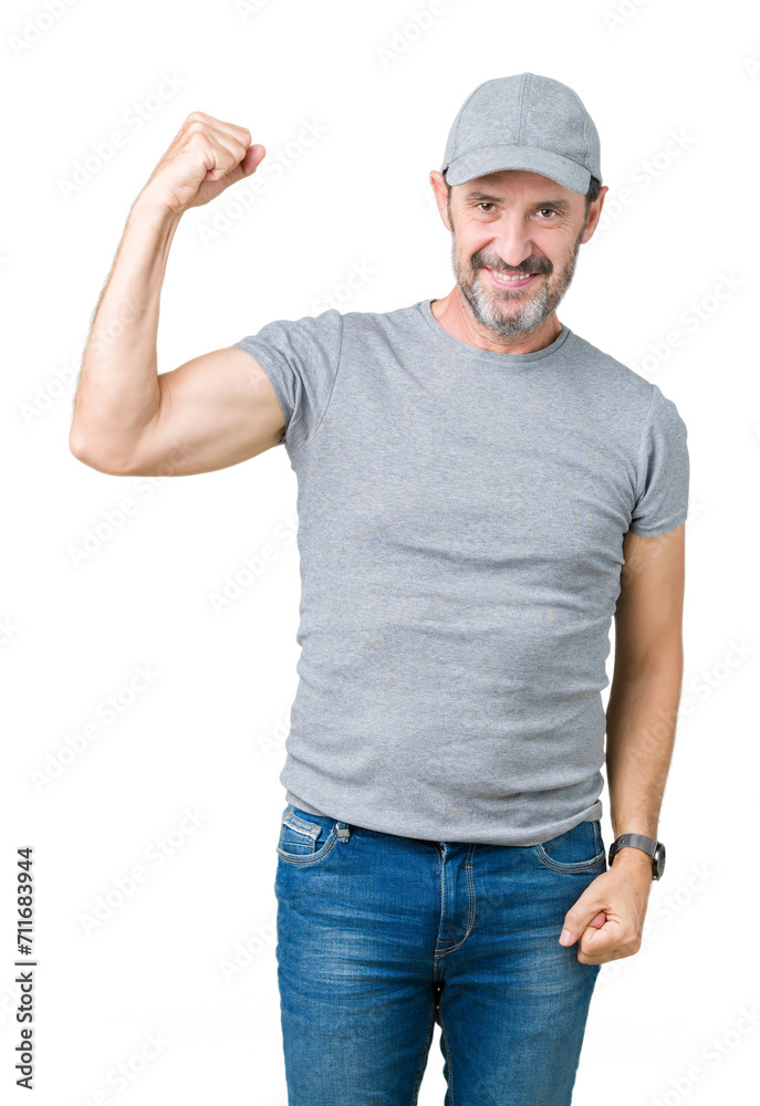 Handsome middle age hoary senior man wearing sport cap over isolated background Strong person showing arm muscle, confident and proud of power Handsome middle age hoary senior man wearing sport cap over isolated background Strong person showing arm muscle, confident and proud of power
