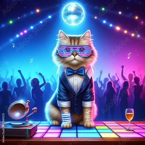 A cat wearing a disco outfit standing in a disco, digital drawing.