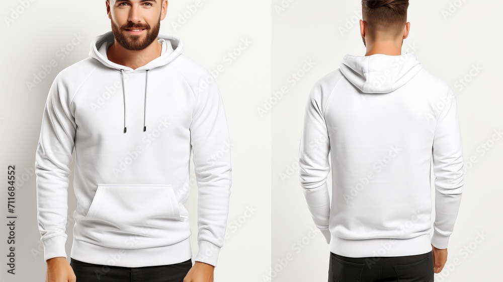 White hoodie mockup template for design, front view of man in long sleeve sweatshirt on white wall
