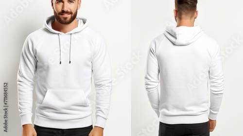White hoodie mockup template for design, front view of man in long sleeve sweatshirt on white wall