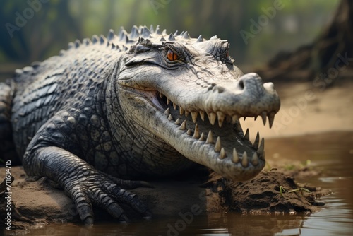 Large female saltwater crocodile on muddy river bank.