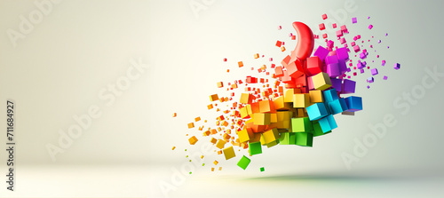 Lots of Multi-Coloured Cubes Moving In Space to Come Together To Form an Abstract Thumbs Up Sign Against a Plain Background. photo