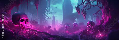 Awesome view with many skull on the background with neon color style look, Illustration