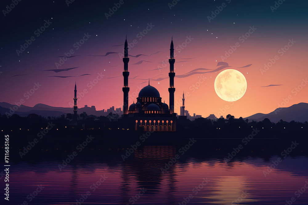 Fototapeta premium Mosque sunset sky, moon, holy night, islamic night and silhouette mosque.ramadan , eid mubarak.