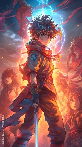 Anime-Held bereit zum Kampf im Flammen- und Blitzgewitter