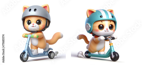 Cute cat on scooter  3D inflatable cat illustration  Adorable animal characters on scooters  3D inflatable cat cartoon vector