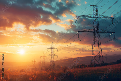 Sunset behind electricity pylons in a vivid sky