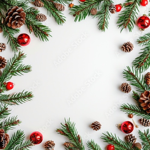 Festive Christmas Fir Frame with Red Decorations on White Background. Holiday Greeting Card Design with Pine Cones and Glittering Balls. Top View Flat Lay Xmas and New Year Theme.