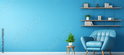 Scandinavian blue nova  modern living room with sofa, chair, and bookshelf against blue wall. photo