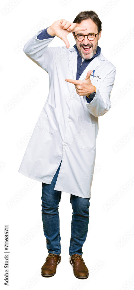 Middle age therapist wearing white coat smiling making frame with hands and fingers with happy face. Creativity and photography concept. Middle age therapist wearing white coat smiling making frame with hands and fingers with happy face. Creativity and photography concept.