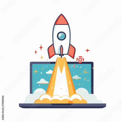 Rocket launch from a laptop on a white background, business start vector