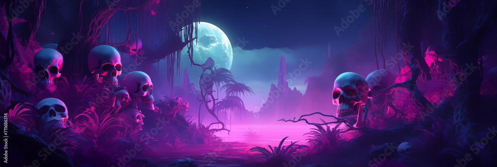 Awesome view with many skull on the background with neon color style look, Illustration