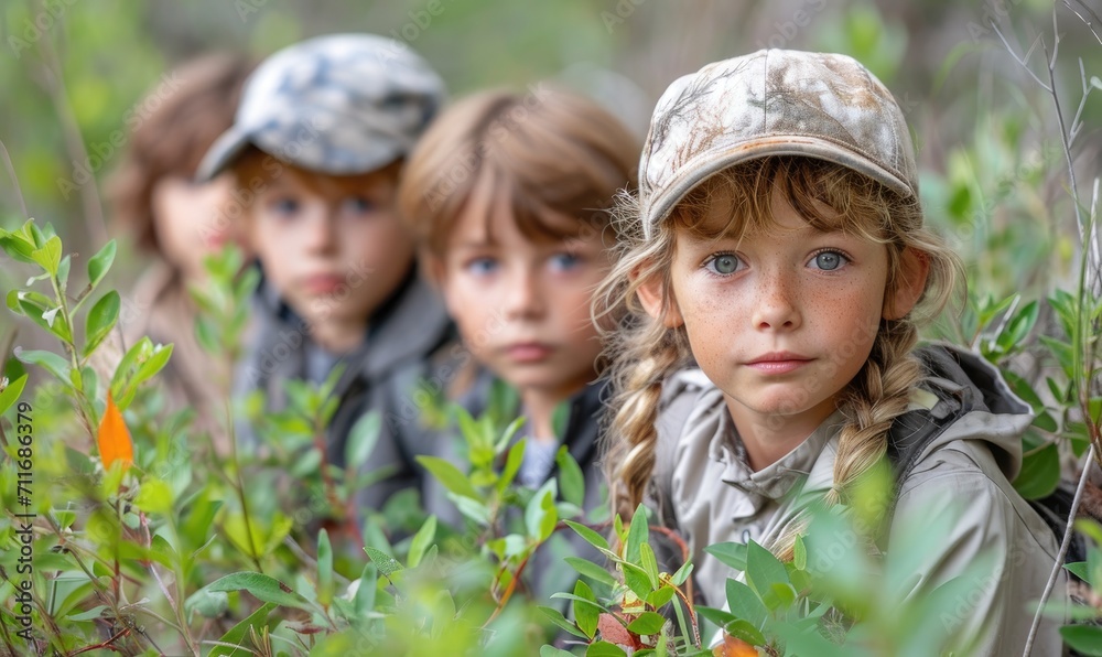 group of children in camping clothes on a field trip in forest., adventure, traveling, group of children in camping clothes on a field trip in forest., adventure, traveling,