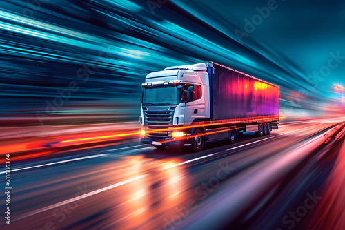 Speeding truck on highway with motion blur at night