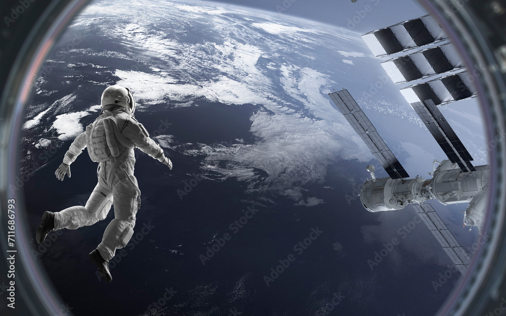 3D illustration of astronaut at spacewalk near International space station at Earth orbit. High quality digital space art in 5K - realistic visualization
