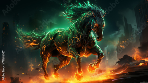 Mad futuristic flaming Horse, Mustang. Spirit sketch animal set. Generative AI photo