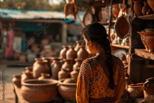 Rear view of a female walking in a traditional pottery market. Pottery craft tourism village