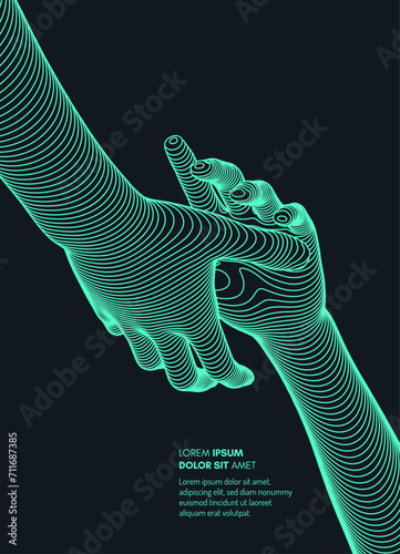 Hands reaching towards each other. Concept of human relation, togetherness or  partnership. 3D vector illustration. Can be used for advertising, marketing or presentation.