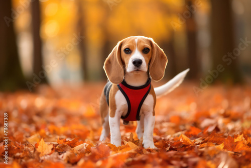 Happy Beagle Puppy Sitting in Autumn Park with Bright Foliage and Green Grass Background © SHOTPRIME STUDIO