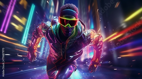 Cyberpunk Athlete Runner Running on Road. Extremely detailed hyper realistic sport poster concept.