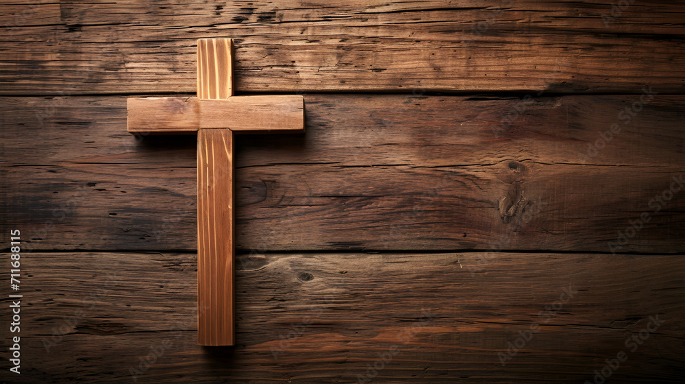  cross on wooden background, top view with space for text.