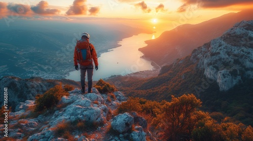 Lone Hiker Overlooking Sunset on Mountainous Lakeside