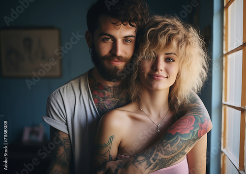 Young hipster man hugging a beautiful hipster blond girl. Indoor love scene.